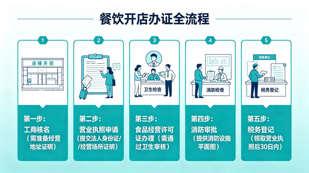 2026大连餐饮营业执照办理流程,开店老板必备全套指南 2026大连餐饮开店办证全流程示意图(工商+食品许可+消防)